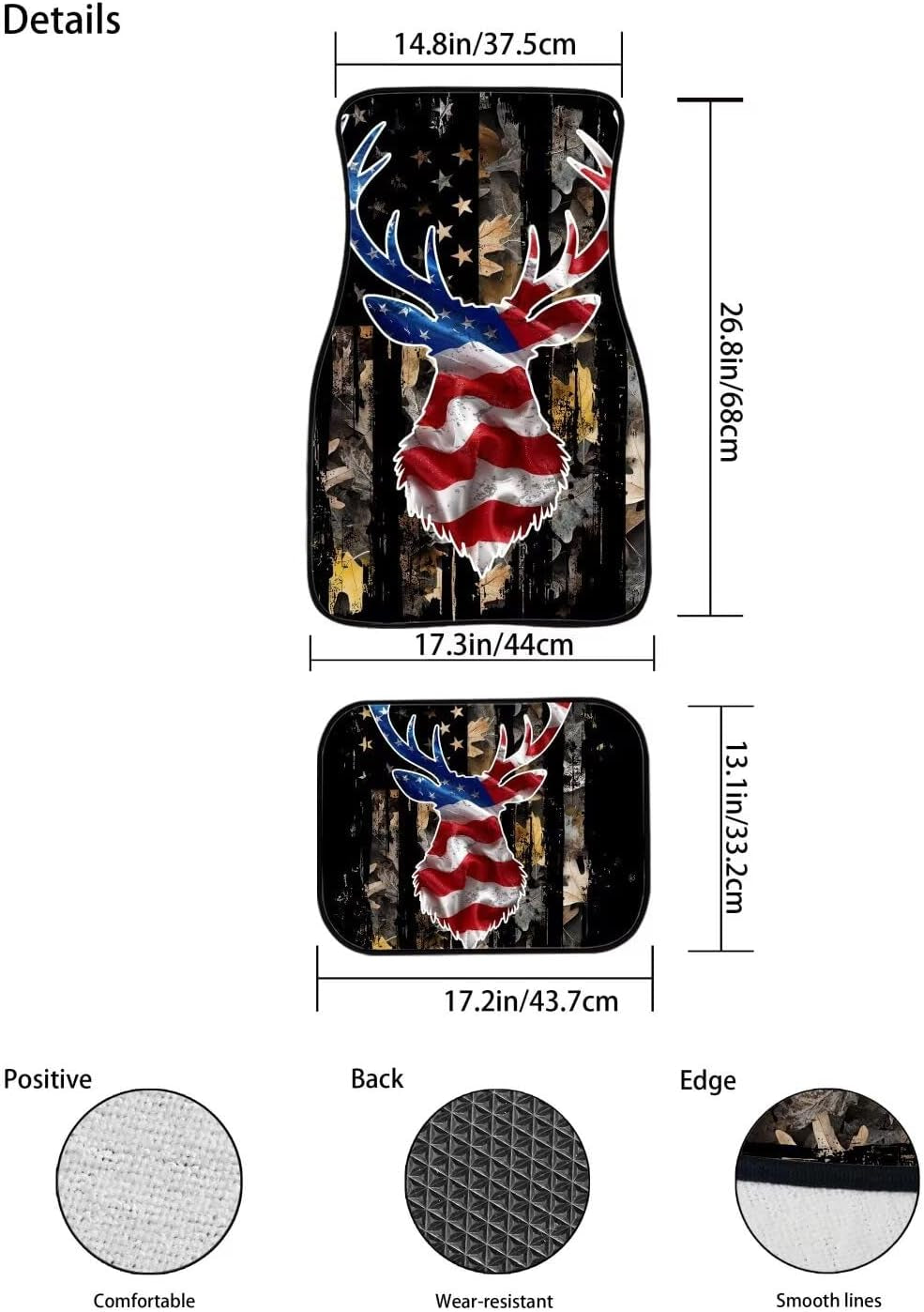 American Flag Deer Car Floor Mats Heavy-Duty Rubber Floor Mats for Cars, Universal Fit Full Set, Anti-Slip Automotive Floor Mats, All Weather Floor Mats for Most Sedan, SUV, Truck Floor Mats