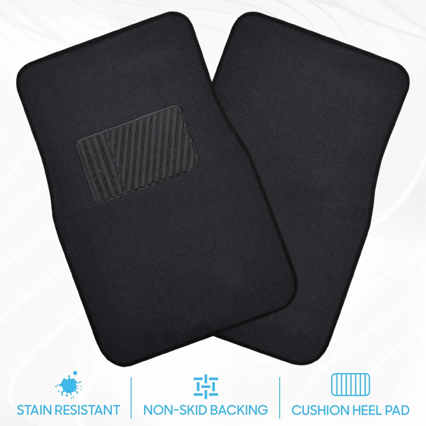 Carpet Car Floor Mats for Car Truck SUV Van Sedan, Vinyl Safety Heel Pad, Rubberized Non-Slip Backing, Universal 4-Piece Set, Black