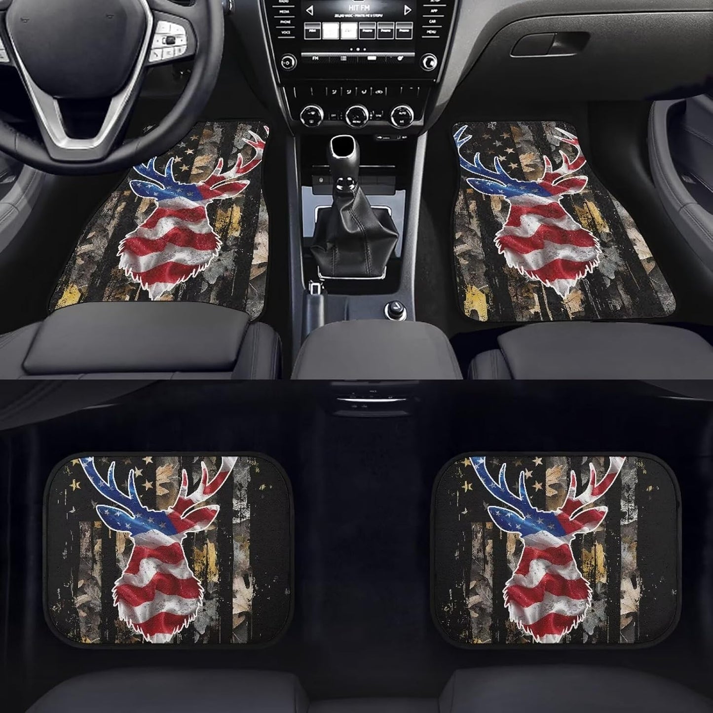American Flag Deer Car Floor Mats Heavy-Duty Rubber Floor Mats for Cars, Universal Fit Full Set, Anti-Slip Automotive Floor Mats, All Weather Floor Mats for Most Sedan, SUV, Truck Floor Mats