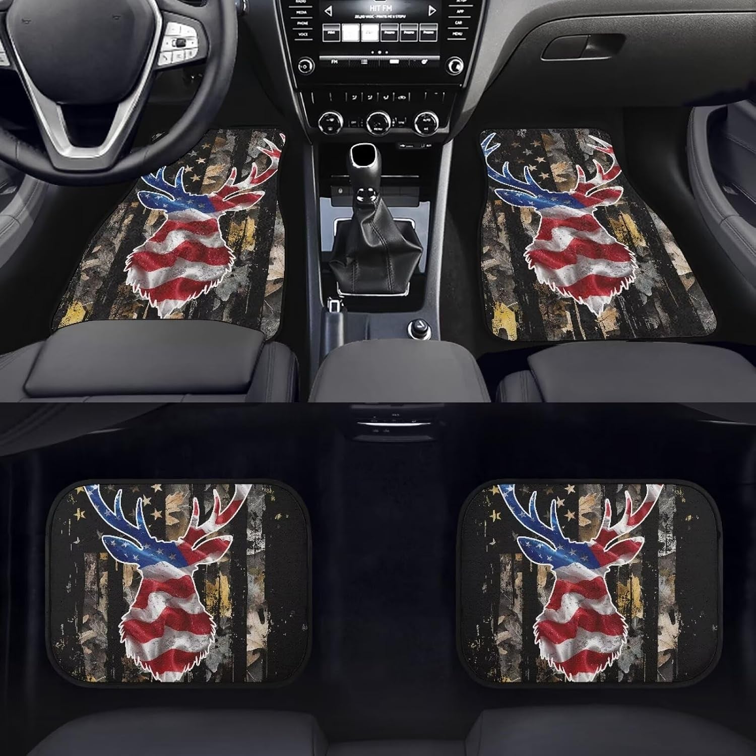 American Flag Deer Car Floor Mats Heavy-Duty Rubber Floor Mats for Cars, Universal Fit Full Set, Anti-Slip Automotive Floor Mats, All Weather Floor Mats for Most Sedan, SUV, Truck Floor Mats
