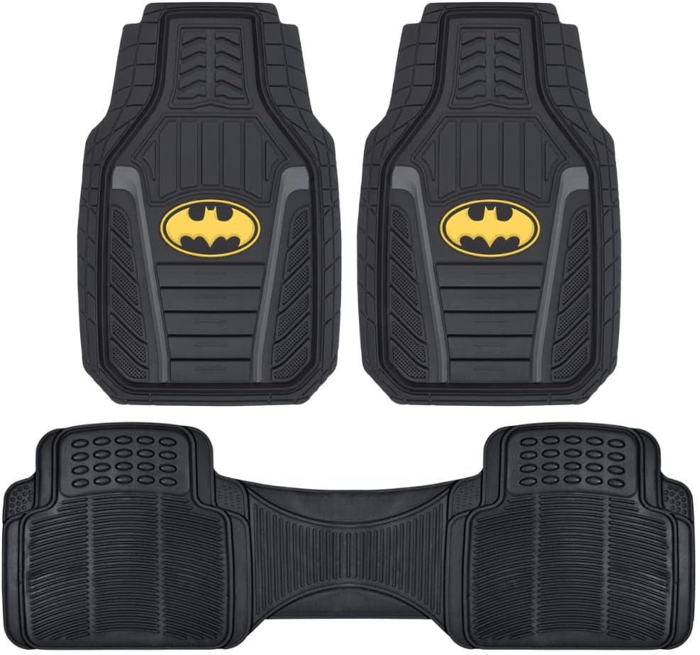 Warner Bros DC Comics Armored Batman Heavy Duty No-Slip Grip All-Weather Car Mats Car Accessories - Custom Fit Rubber Floor Mats - 2 Front Mats (27” X 18”), 1 Rear Liner (18” X 58”)