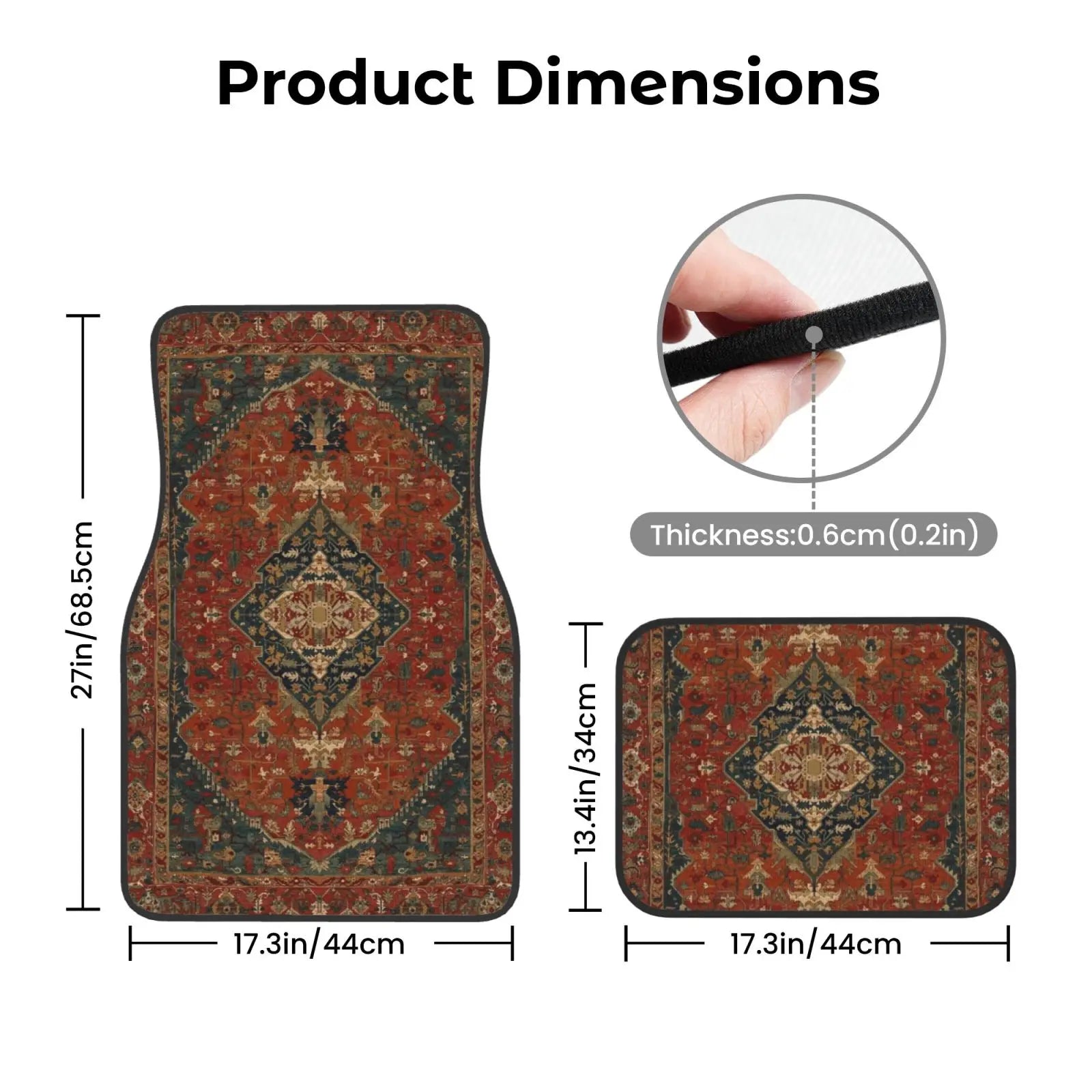 Antique Oriental Turkish Persian Carpet Car Floor Mats 4 Pcs Universal Front and Rear Foot Mats with Non-Slip Rubber Backing