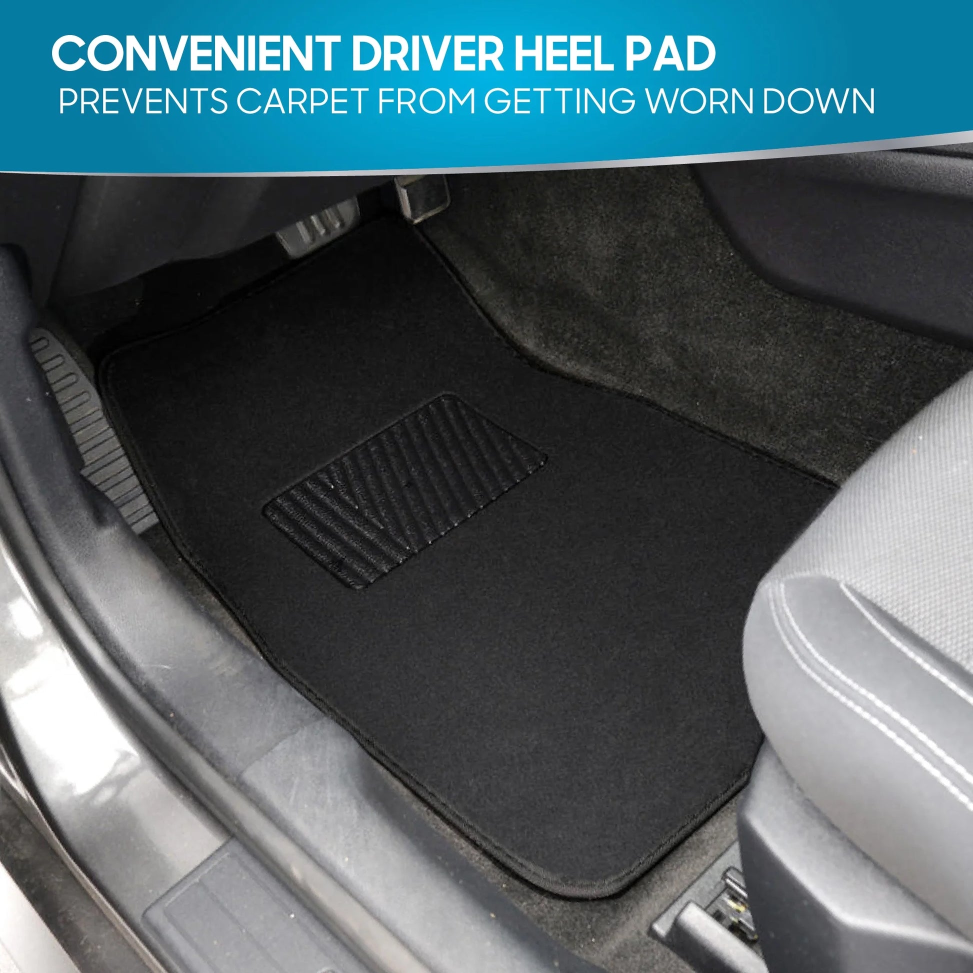 Carpet Car Floor Mats for Car Truck SUV Van Sedan, Vinyl Safety Heel Pad, Rubberized Non-Slip Backing, Universal 4-Piece Set, Black
