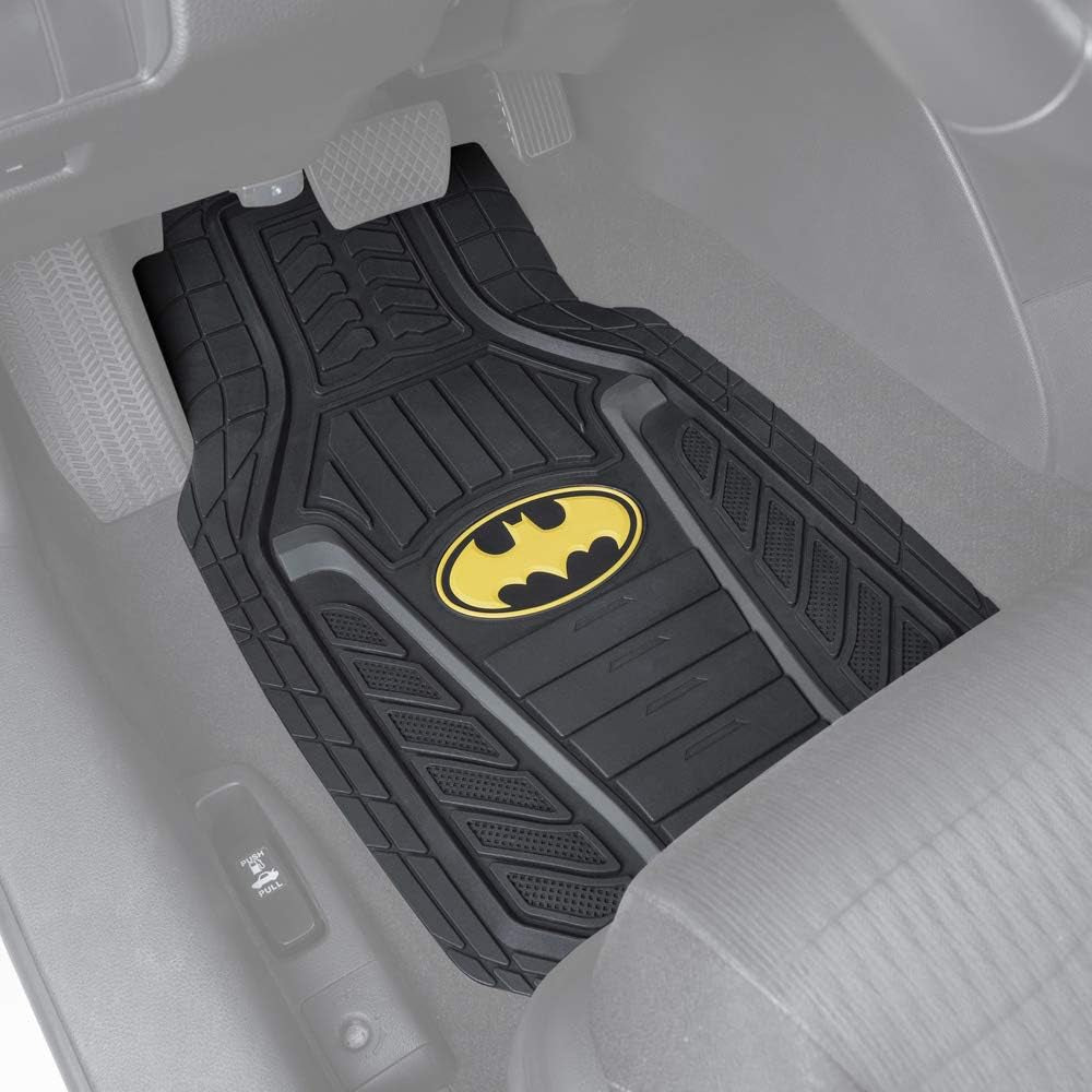 Warner Bros DC Comics Armored Batman Heavy Duty No-Slip Grip All-Weather Car Mats Car Accessories - Custom Fit Rubber Floor Mats - 2 Front Mats (27” X 18”), 1 Rear Liner (18” X 58”)