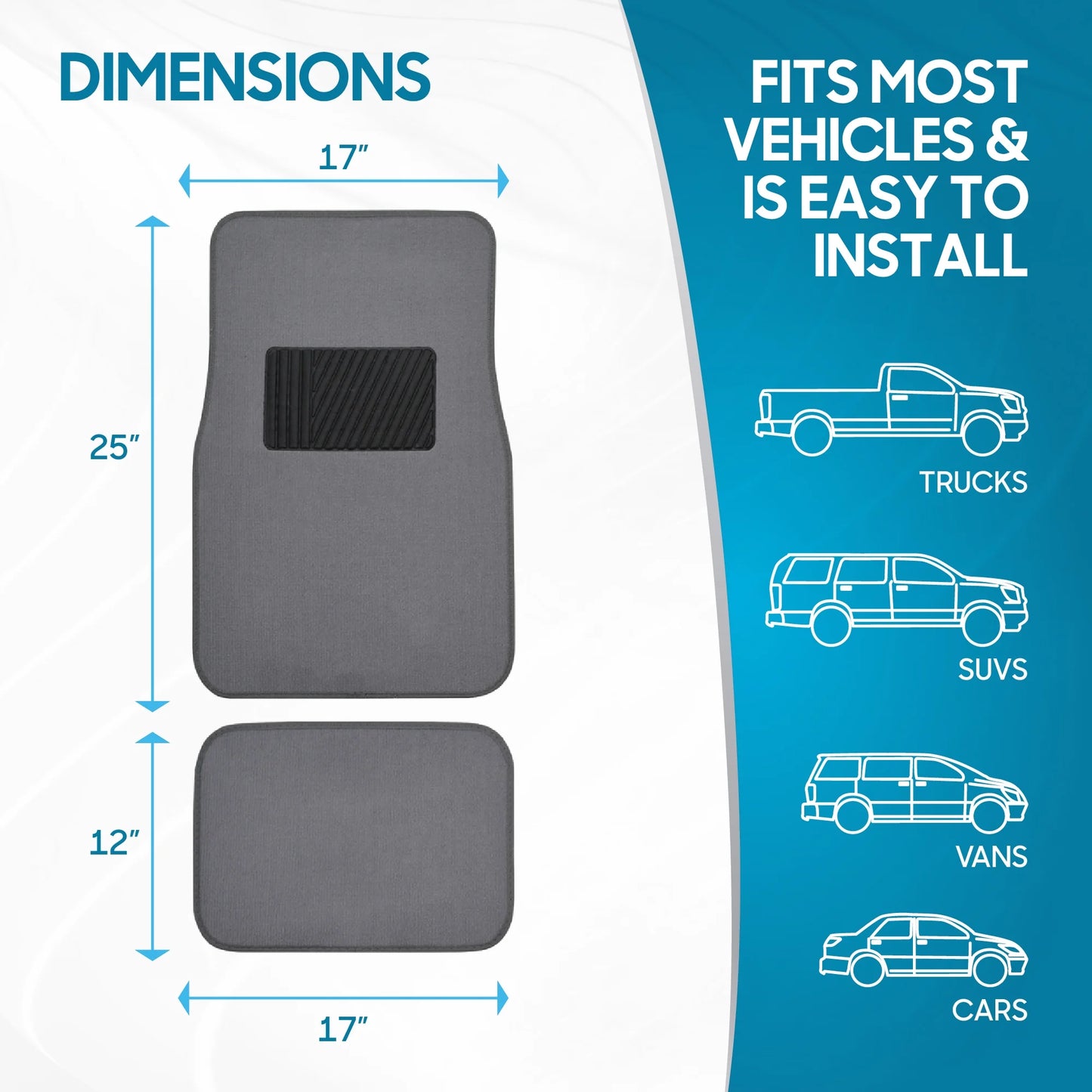 Classic Carpet Floor Mats for Car & Auto - Universal Fit -Front & Rear with Heelpad (Medium Gray) - MT-100-CPTSERIES