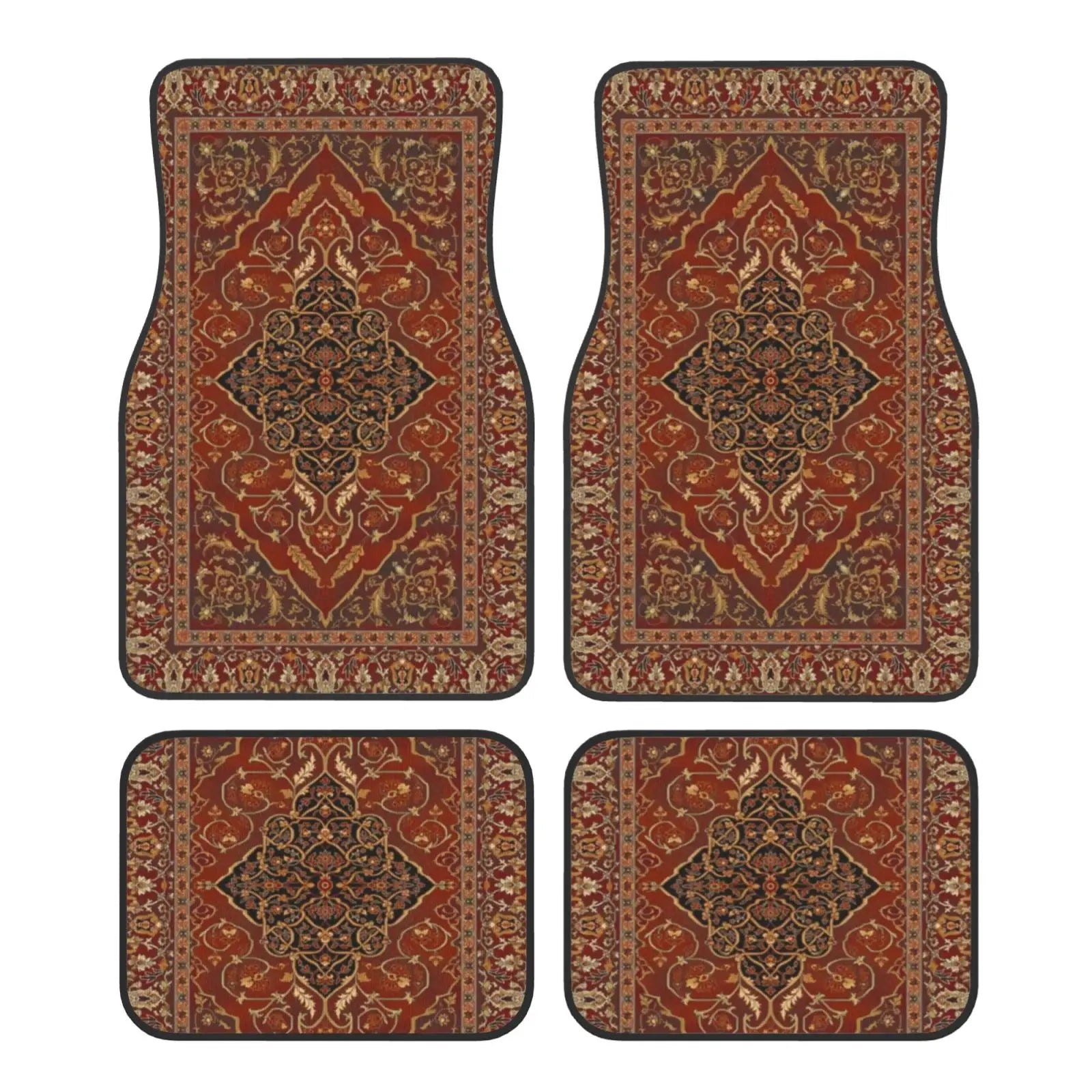 Antique Oriental Turkish Persian Carpet Car Floor Mats 4 Pcs Universal Front and Rear Foot Mats with Non-Slip Rubber Backing