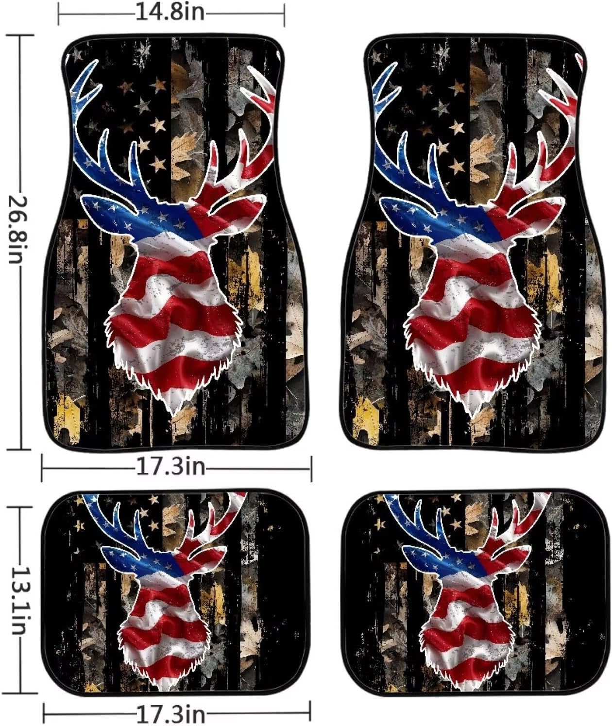 American Flag Deer Car Floor Mats Heavy-Duty Rubber Floor Mats for Cars, Universal Fit Full Set, Anti-Slip Automotive Floor Mats, All Weather Floor Mats for Most Sedan, SUV, Truck Floor Mats