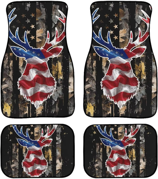 American Flag Deer Car Floor Mats Heavy-Duty Rubber Floor Mats for Cars, Universal Fit Full Set, Anti-Slip Automotive Floor Mats, All Weather Floor Mats for Most Sedan, SUV, Truck Floor Mats