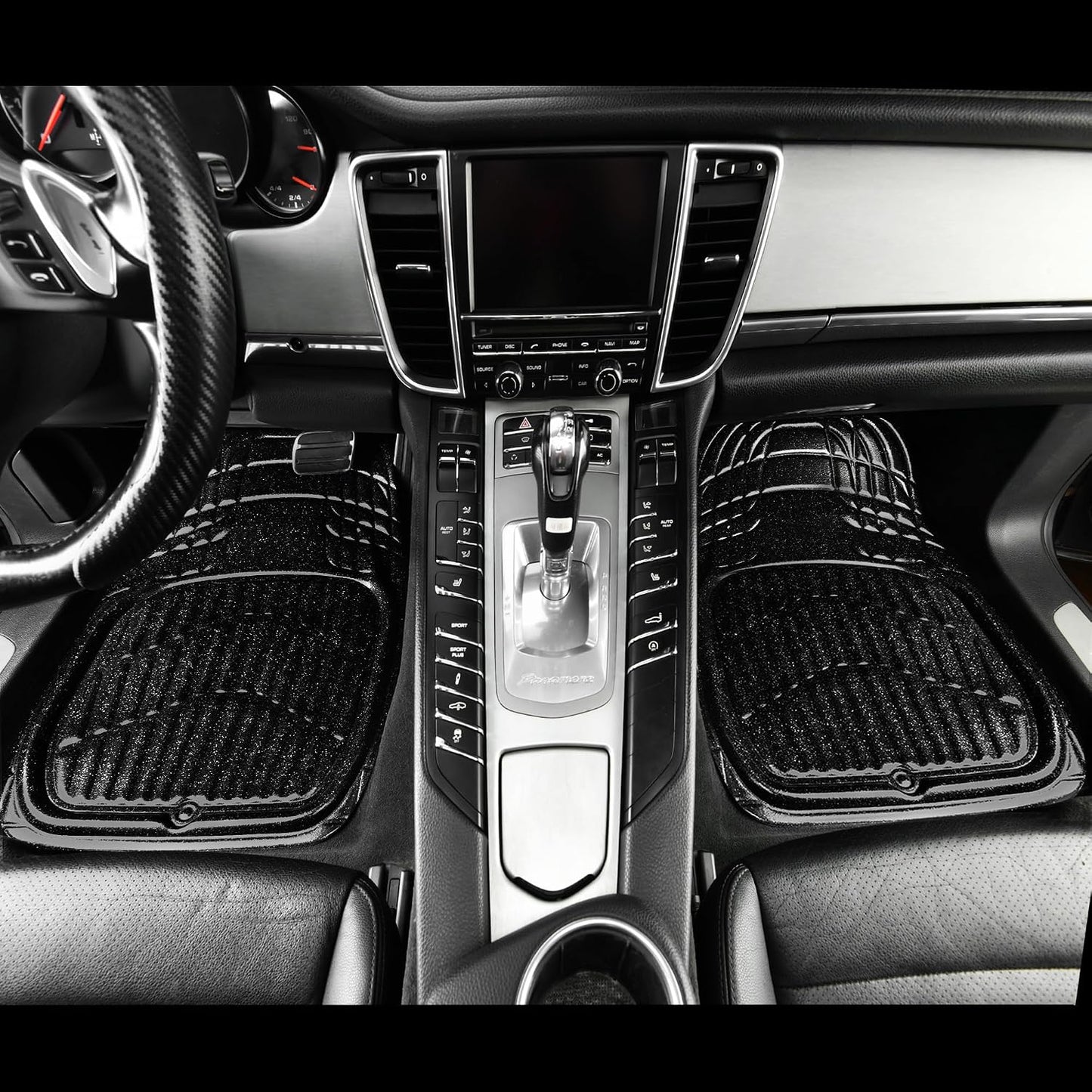 Shining Glitter Car Floor Mats 3D Leather Waterproof All Weather, Universal Trim to Fit & Anti-Slip, Safety & Light Easy Clean Install Fit for Suv,Truck,Auto,Sedan,Van 4 Piece (Black Glitter)