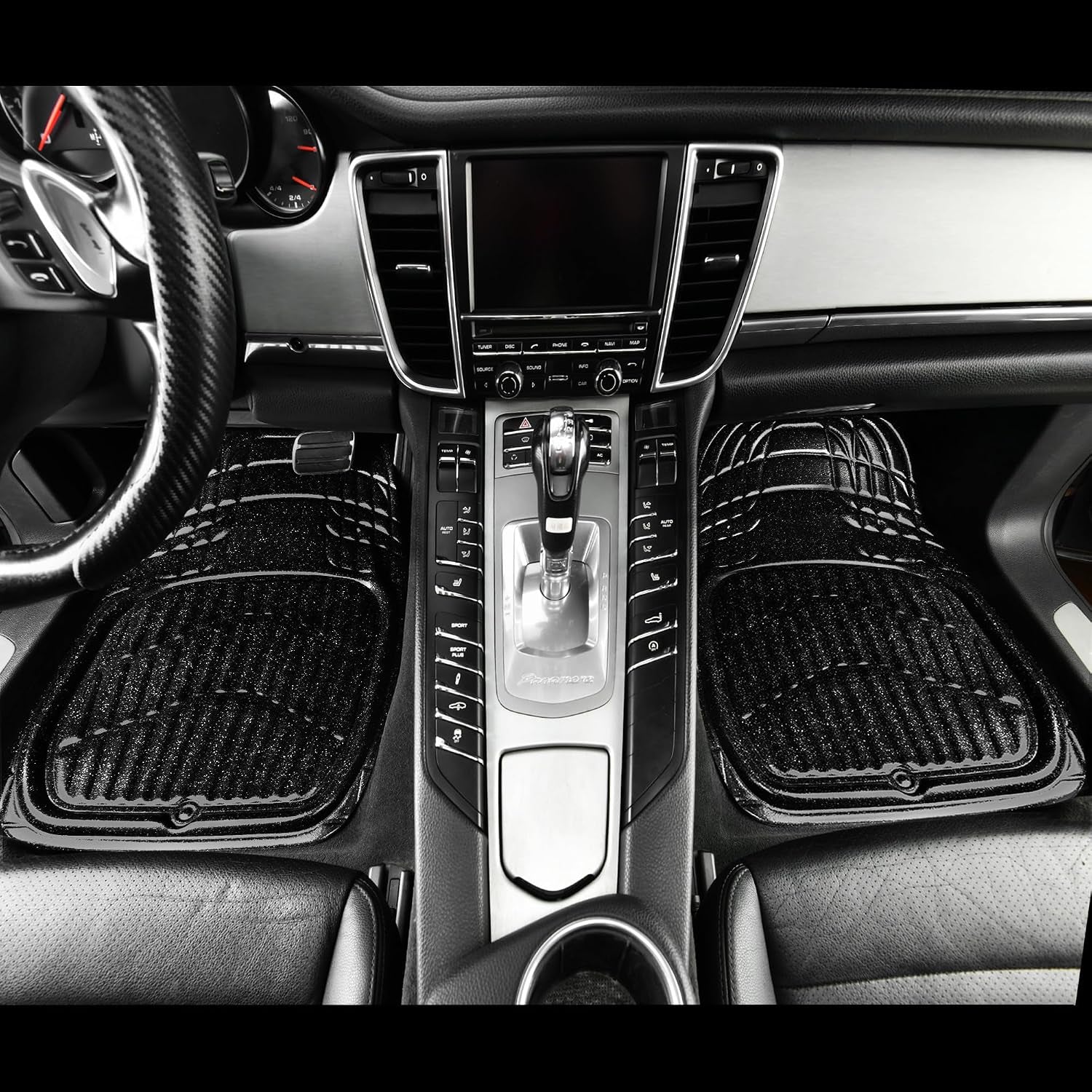 Shining Glitter Car Floor Mats 3D Leather Waterproof All Weather, Universal Trim to Fit & Anti-Slip, Safety & Light Easy Clean Install Fit for Suv,Truck,Auto,Sedan,Van 4 Piece (Black Glitter)
