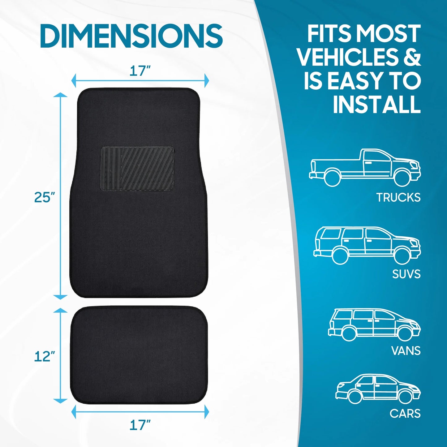 Carpet Car Floor Mats for Car Truck SUV Van Sedan, Vinyl Safety Heel Pad, Rubberized Non-Slip Backing, Universal 4-Piece Set, Black