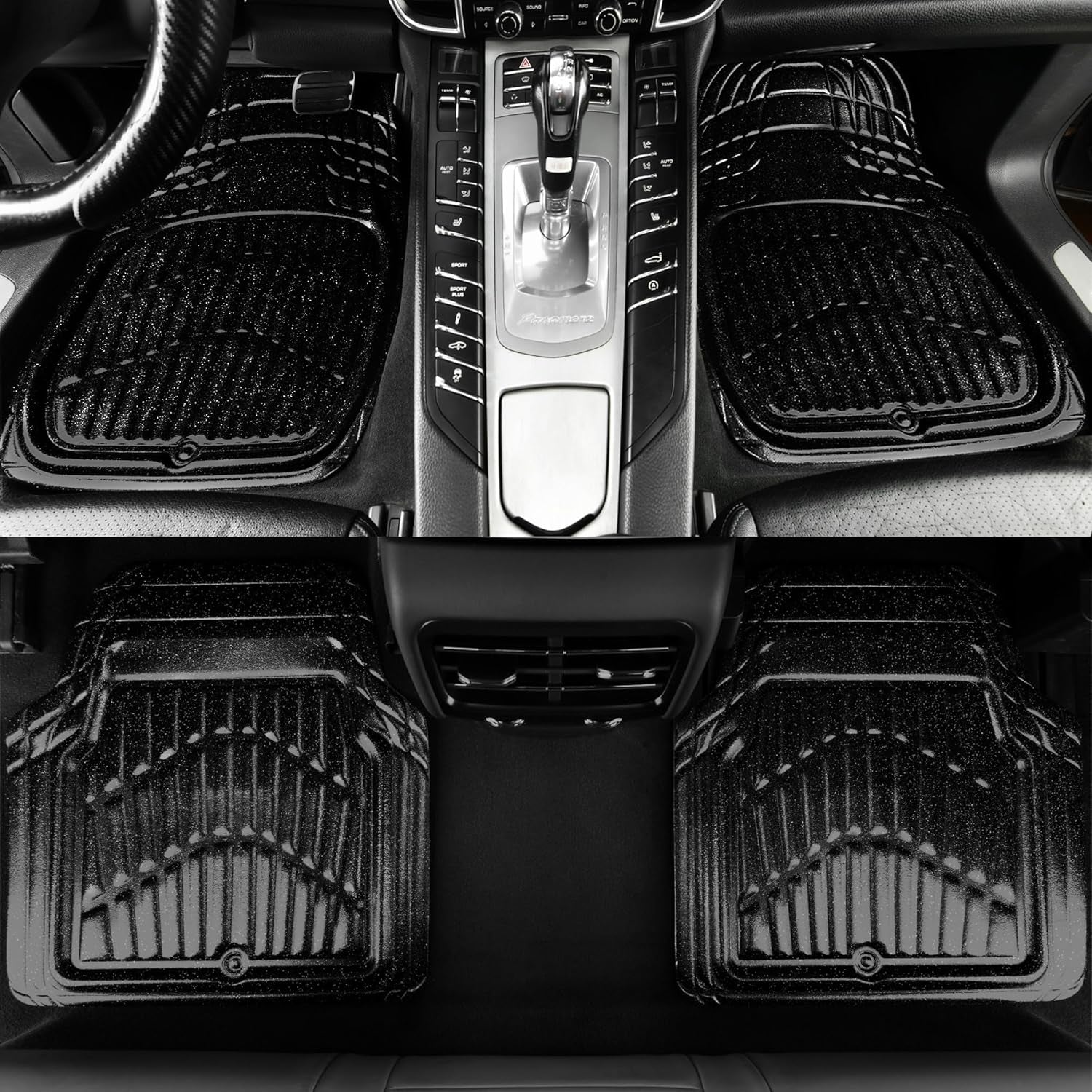 Shining Glitter Car Floor Mats 3D Leather Waterproof All Weather, Universal Trim to Fit & Anti-Slip, Safety & Light Easy Clean Install Fit for Suv,Truck,Auto,Sedan,Van 4 Piece (Black Glitter)
