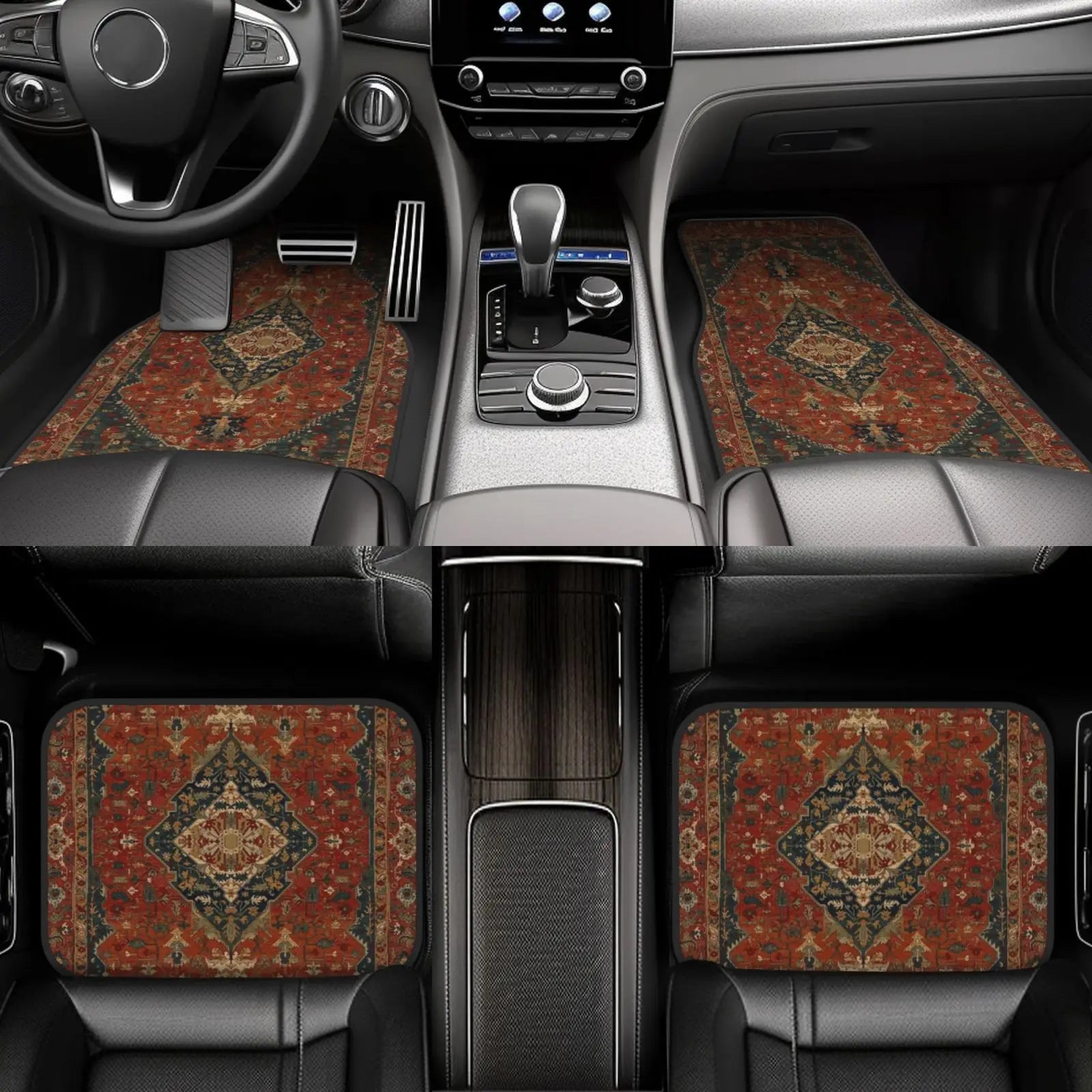 Antique Oriental Turkish Persian Carpet Car Floor Mats 4 Pcs Universal Front and Rear Foot Mats with Non-Slip Rubber Backing