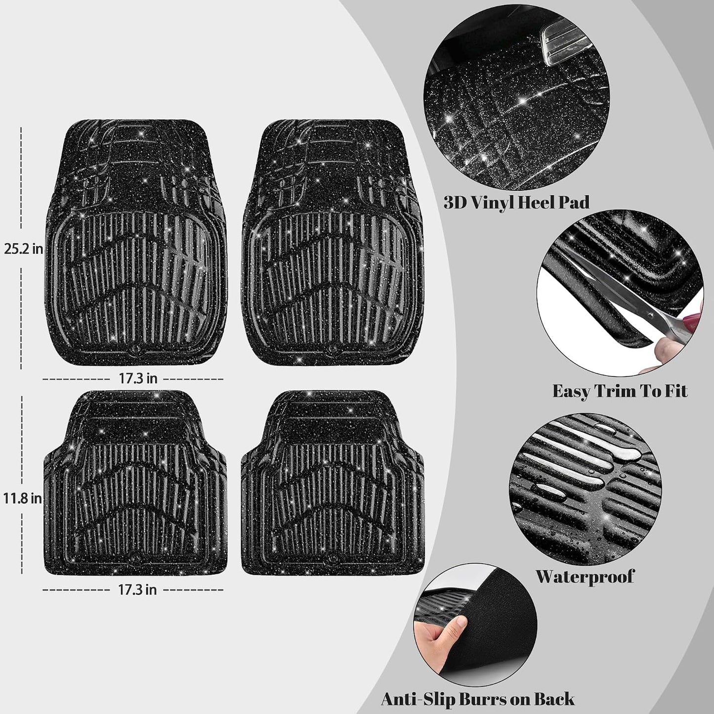 Shining Glitter Car Floor Mats 3D Leather Waterproof All Weather, Universal Trim to Fit & Anti-Slip, Safety & Light Easy Clean Install Fit for Suv,Truck,Auto,Sedan,Van 4 Piece (Black Glitter)
